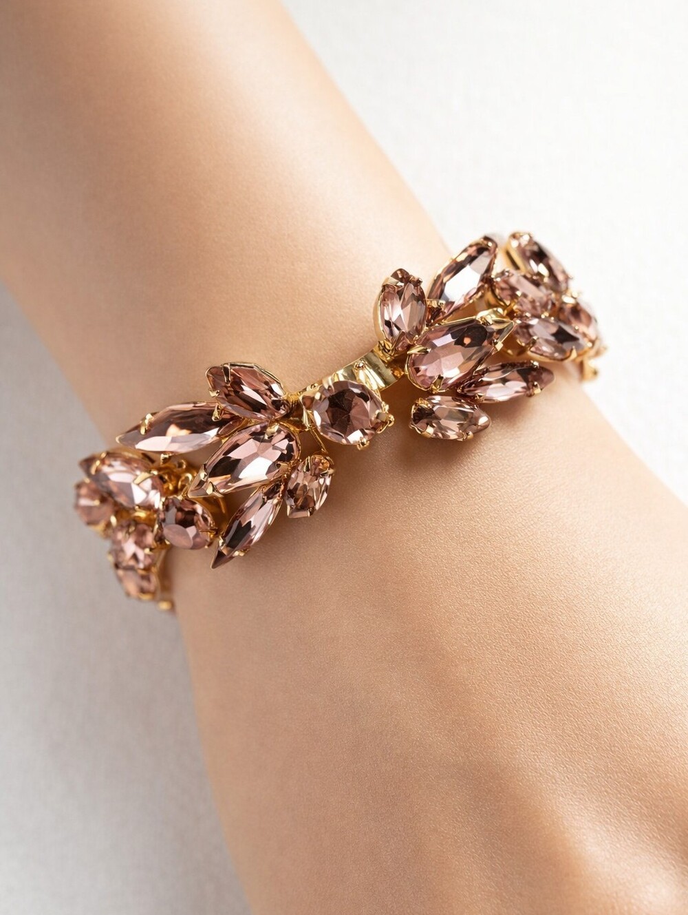 Polished Gold-Tone Shiny Light Pink Crystal Design Cuff Bracelet for Women